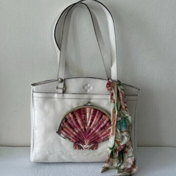 Patricia Nash Poppy Tote Leather w Seashells by the Seashore Scarf Latte White - Picture 2 of 12